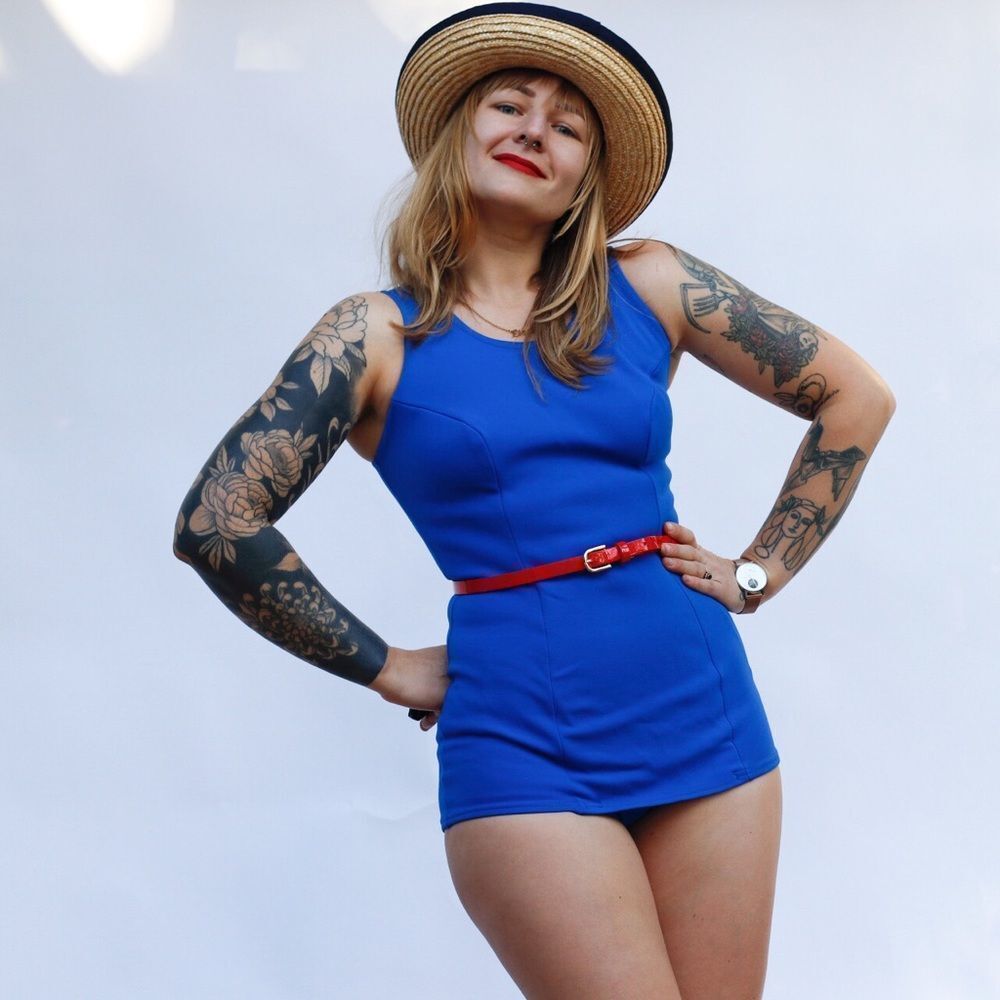 Vintage 60s 70s Retro One Piece Stretch Nylon Swimsuit Pin Up Mod Playsuit Blue